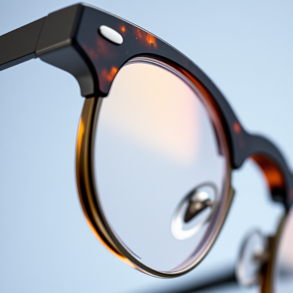 A close-up, photorealistic image focusing on the intricate details of a pair of high-quality eyewear. Highlight the materials, craftsmanship, and technology used in its construction. Use macro photography to emphasize texture and precision. Style: product detail photography.