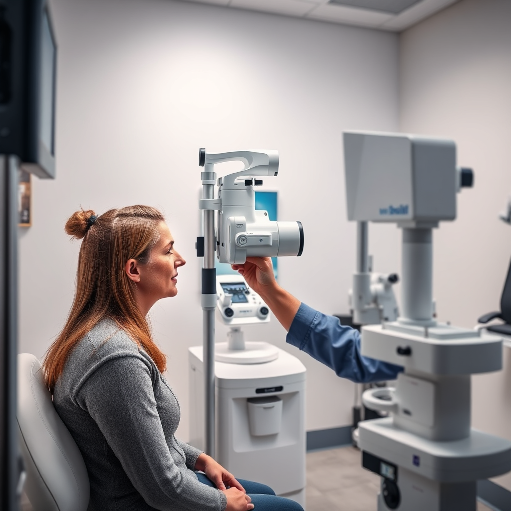 Photorealistic image depicting a modern eye exam room with advanced diagnostic equipment. An optometrist is carefully examining a patient's eyes. The atmosphere is professional and reassuring. Style: healthcare photography.