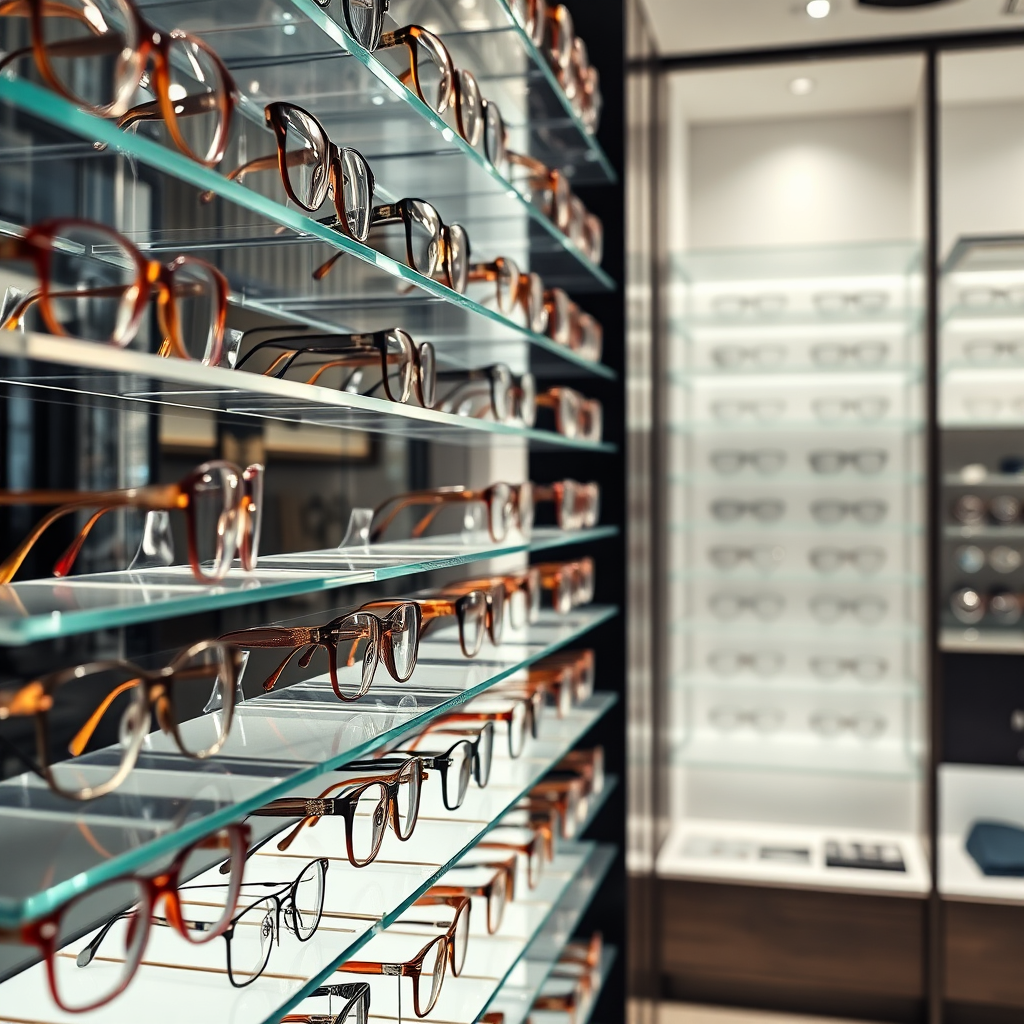 Photorealistic image showcasing a diverse array of eyewear displayed on elegantly arranged shelves. The lighting should highlight the craftsmanship and design of each frame. The background could be a blurred view of a modern optical store interior. Style: high-end product photography.